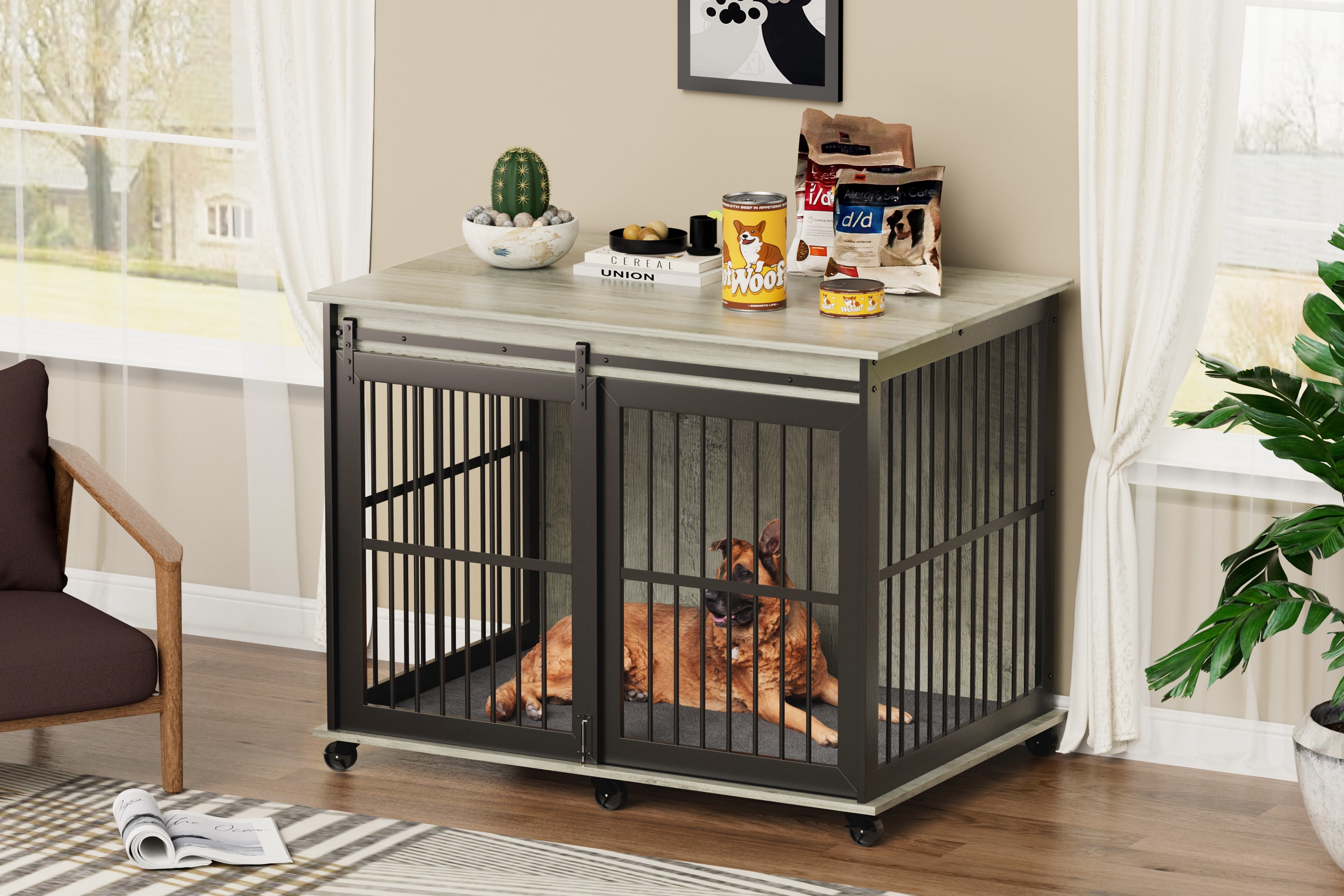 Gray Particleboard and Steel Dog Crate with Sliding Iron Door