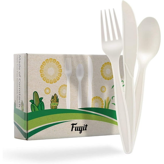 Fuyit 150 Count Compostable Cutlery Set, Disposable Biodegradable Utensils Eco-Friendly Durable Cornstarch Flatware Includes 50 Forks, Knives & Spoons for Party, BBQ, Picnic & Potlucks