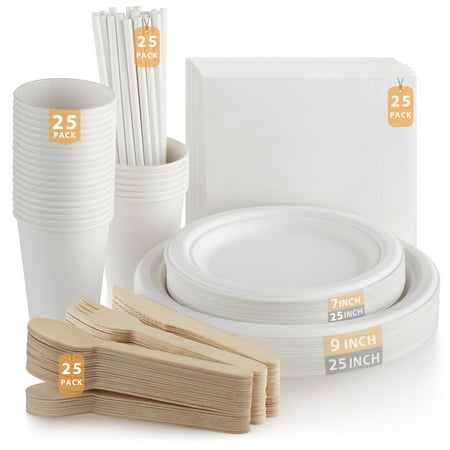 Fuyit 200 Piece Biodegradable Paper Plates Set, Disposable Dinnerware Set, Eco Friendly Compostable Plates & Utensil include Plates, Forks, Knives and Spoons for Party