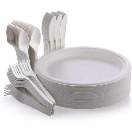 Fuyit 200Pcs Disposable Dinnerware Set, Compostable Sugarcane Cutlery Eco Friendly Tableware Includes 50 Biodegradable Paper Plates, Forks, Knives and Spoons for Party, Camping, Picnic