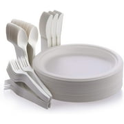 Fuyit 200Pcs Disposable Dinnerware Set, Compostable Sugarcane Cutlery Eco Friendly Tableware Includes 50 Biodegradable Paper Plates, Forks, Knives and Spoons for Party, Camping, Picnic