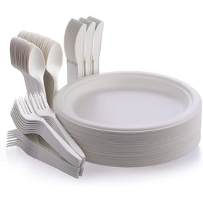 Fuyit 200Pcs Disposable Dinnerware Set, Compostable Sugarcane Cutlery Eco Friendly Tableware Includes 50 Biodegradable Paper Plates, Forks, Knives and Spoons for Party, Camping, Picnic