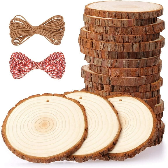 Fuyit Natural Wood Slices 20 Pcs 3.5-4.0 inches Craft Wood Kit with Hole Wooden Circles for Arts and Crafts Christmas Ornaments DIY Crafts