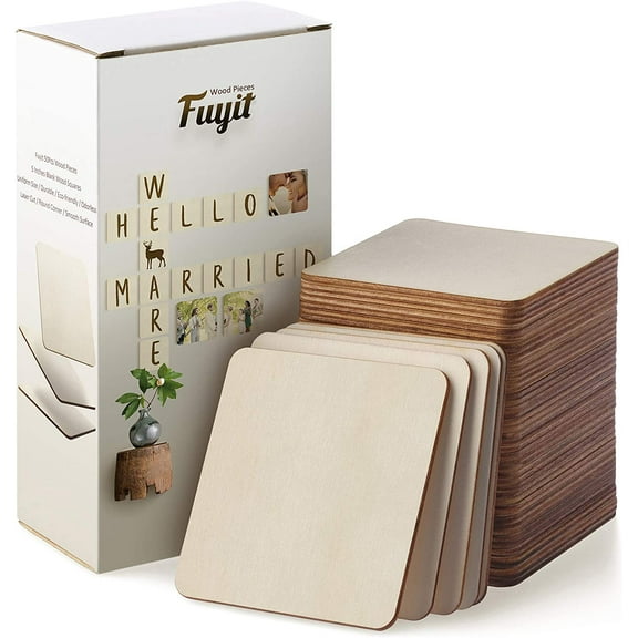 Fuyit Unfinished Wood Pieces, 50Pcs 4x4 inch Blank Natural Wood Square Wooden Cutouts Board for DIY Crafts Painting