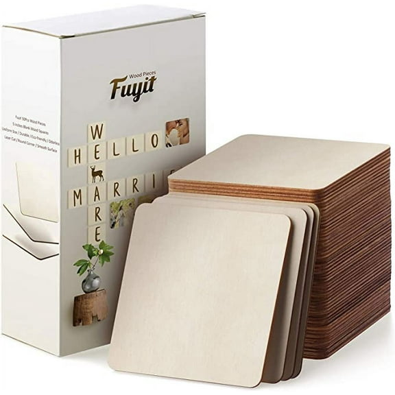 Fuyit Unfinished Wood Pieces, 50Pcs 5x5 inch Blank Natural Wood Square Wooden Cutouts Board for DIY Crafts Painting