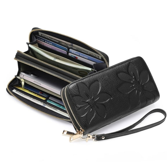 Fuyit Wallets for Women Genuine Leather Credit Card Holder with RFID Blocking Large Capacity Wristlet,Black