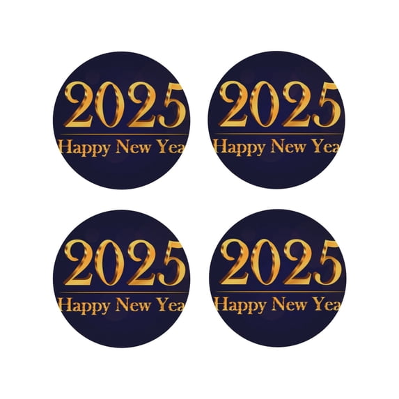 Fuzoiu 2025 Happy New Year 3 Print Leather Coasters Set,Drink Coasters Set of 4,for Tabletop Protection, Durable PVC Coasters,Home Décor and Housewarming Gift-Round Shape