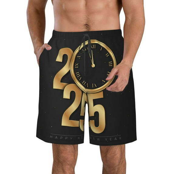 Fuzoiu 2025 Happy New Year Print Men's Beach Shorts,Men's Swim Trunks,Quick Dry Board Shorts with Pockets,Men's Bathing Suits for Surfing, Running, and Casual Wear-X-Large