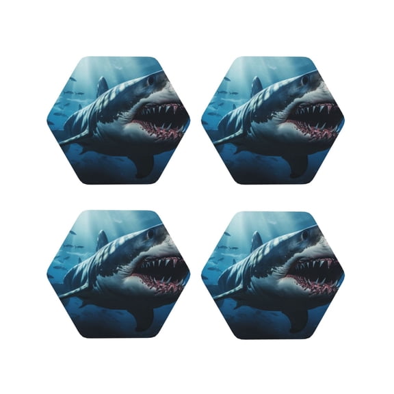 Fuzoiu 3D Realistic Shark Print Leather Coasters Set,Drink Coasters Set of 4,for Tabletop Protection, Durable PVC Coasters,Home Décor and Housewarming Gift-Hexagon