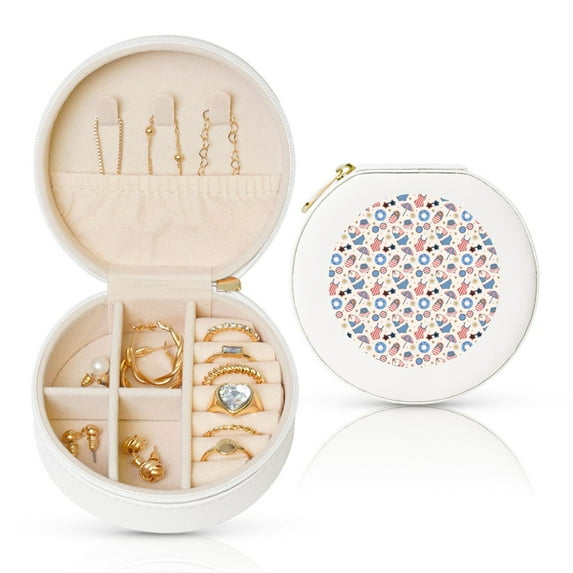 Fuzoiu 4th Of July1 Print Portable Jewelry Box,Round Mini Leather Travel Jewelry Case,Small Travel Jewelry Organizer,Jewelry Holder for Ring Necklace Earring for Women Girls-White
