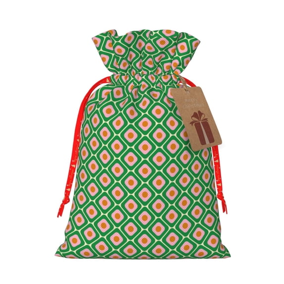 Fuzoiu 60s and 70s Style Print Christmas Gift Bag,Burlap Gift Bag with Drawstring Closure & Hang Tag,Perfect for Holidays, Birthdays, and Special Occasions-Small