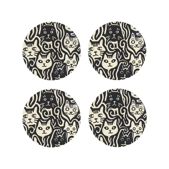 Fuzoiu Abstract Cat Faces Pattern Print Leather Coasters Set,Drink Coasters Set of 4,for Tabletop Protection, Durable PVC Coasters,Home Décor and Housewarming Gift-Round Shape