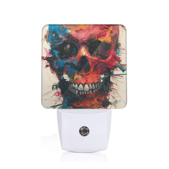 Fuzoiu Abstract Colorful Skull Art Print Dusk to Dawn LED Night Light with Light Sensor, Energy-Efficient Touch-Safe Night Lamp for Home, Office, and Kids' Rooms-EU