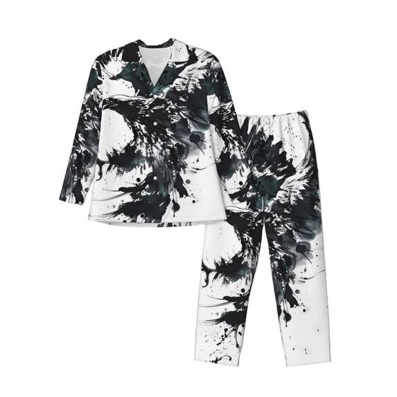 Fuzoiu Abstract Eagle Ink Print Men's Long-Sleeved Pajama,Lounge Button Down Nightwear,Mens Notch Collar Pajama Set -Small