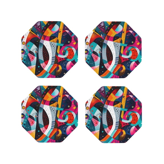Fuzoiu Abstract Jazz Instrumental Print Leather Coasters Set,Drink Coasters Set of 4,for Tabletop Protection, Durable PVC Coasters,Home Décor and Housewarming Gift-Octagon