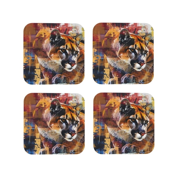 Fuzoiu Abstract Lion Painting Print Leather Coasters Set,Drink Coasters Set of 4,for Tabletop Protection, Durable PVC Coasters,Home Décor and Housewarming Gift-Square