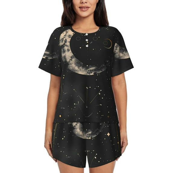 Fuzoiu Abstract Starry Sky Moon Print Women's Short-Sleeved Pajama Set,Lounge Sleepwear Set,Womens Pajama Sets 2 Piece,Button-Up Top and Shorts with Pockets-Large