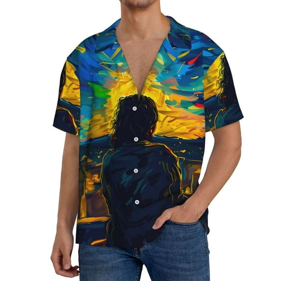 Fuzoiu Abstract Starry Sky Print Men's Casual Short,Men's Short Sleeve Shirt,Mens Casual Button Down Shirts,Cuban Collar Summer Shirt for Beach, Vacation, and Outdoor Activities-4X-Large