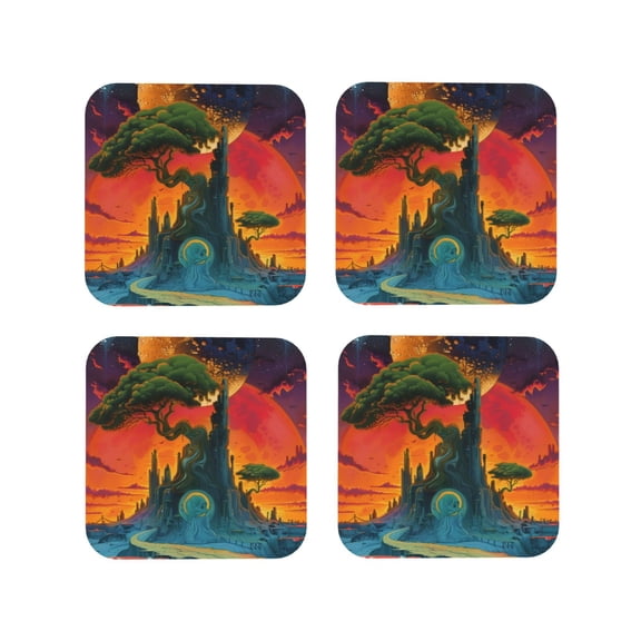 Fuzoiu Abstract Tree Castle Print Leather Coasters Set,Drink Coasters Set of 4,for Tabletop Protection, Durable PVC Coasters,Home Décor and Housewarming Gift-Square
