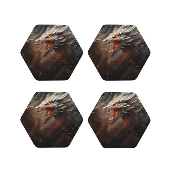 Fuzoiu Abstract White Dragon Print Leather Coasters Set,Drink Coasters Set of 4,for Tabletop Protection, Durable PVC Coasters,Home Décor and Housewarming Gift-Hexagon