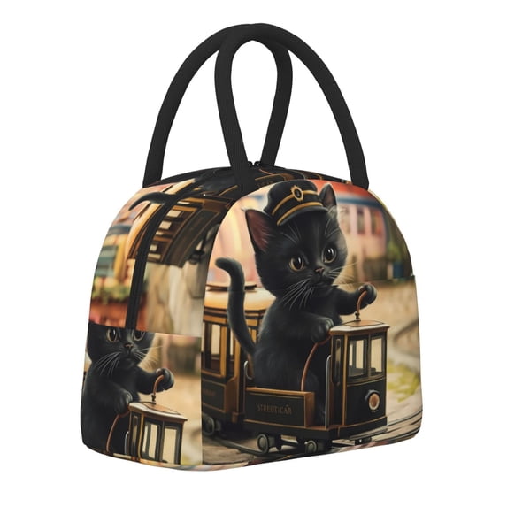 Fuzoiu Adorable Kitten On Mini Train Print Insulated Lunch Bag for Women Men,Adults Lunch Tote with Front Pocket,Lunch Box with Large Capacity,Container Cooler Bag for Work Picnic