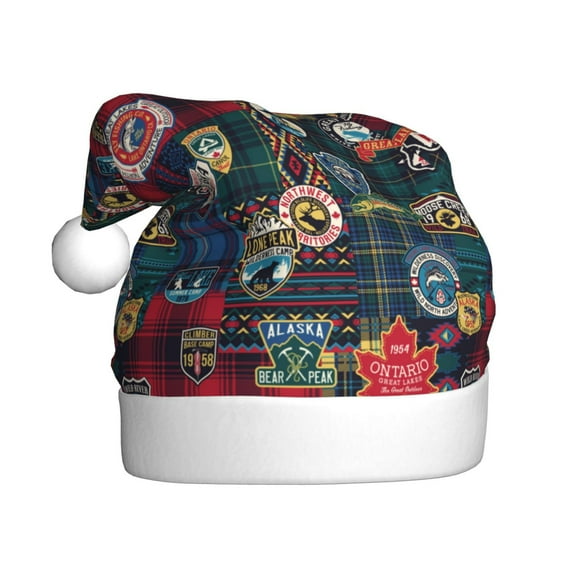 Fuzoiu Adventure Camping Badge Print Santa Hat Christmas Hat for Adults,Santa Hats with Pompom, Unisex Xmas Holiday Hat for Christmas New Year Festive Party Supplies