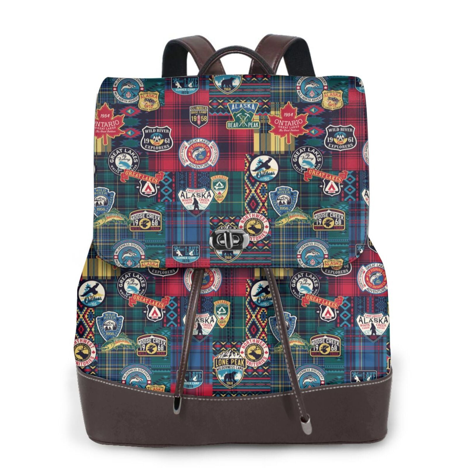 Fuzoiu Adventure Camping Badge Print Women's Leather Backpack,Backpack ...
