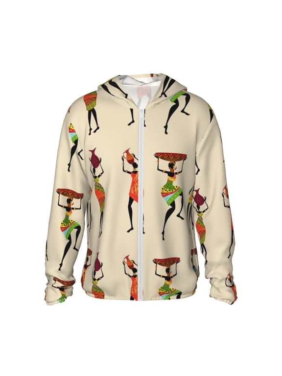 African Women Print Unisex Sun Protection Hoodie,UPF 50+ Light Jacket,Full Zip Sun Protection Hoodie,Long Sleeve Sun Shirts,for Outdoor Activities-Large