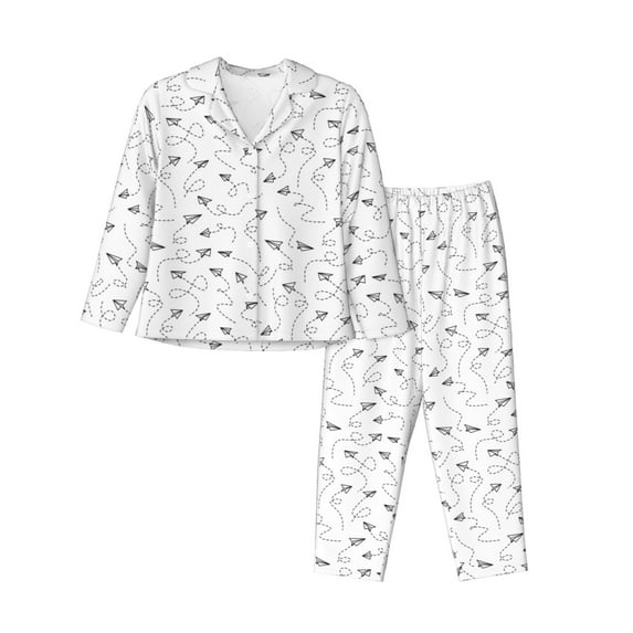 Fuzoiu Airplane Print Women's Long-Sleeved Pajama,Lounge Button Down Nightwear,Womens Notch Collar Pajama Set-Medium