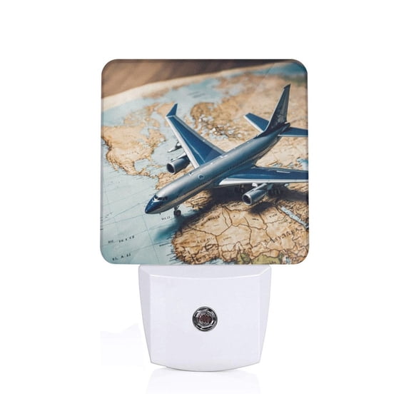Fuzoiu Airplane World Map Adventure Print Dusk to Dawn LED Night Light with Light Sensor, Energy-Efficient Touch-Safe Night Lamp for Home, Office, and Kids' Rooms-US