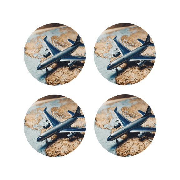 Fuzoiu Airplane World Map Adventure Print Leather Coasters Set,Drink Coasters Set of 4,for Tabletop Protection, Durable PVC Coasters,Home Décor and Housewarming Gift-Round Shape