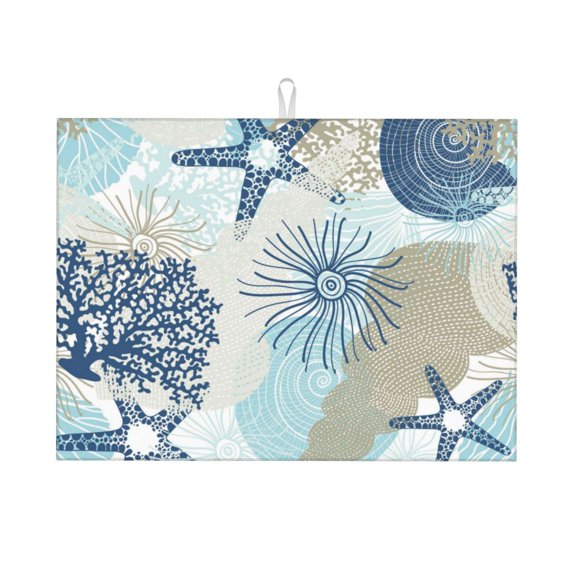 Fuzoiu Algae Corals and Seashells Print Absorbent, Reversible Microfiber Dish Drying Mat for Kitchen, Dish Drying Pad for Dishes, Utensils, Pots and Pans, Extra Large 18 Inch x 24 Inch