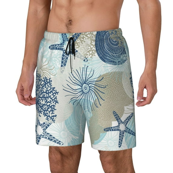 Fuzoiu Algae Corals and Seashells Print Men's Swim Shorts,Quick-Dry Double-Layer Swim Trunks,Board Trunks,Beach Shorts Swimwear Bathing Suits-Large