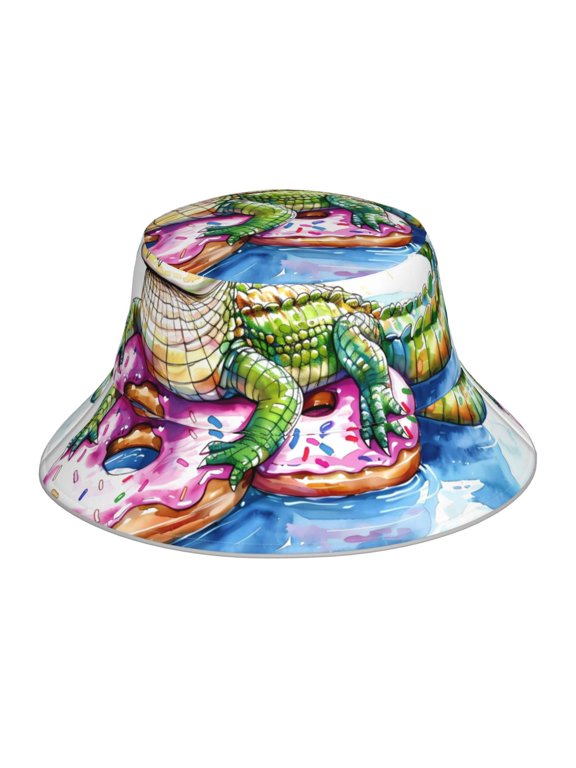 Alligator Donut Pool Float Print Reflective Bucket Hat,Outdoor Hat for Men and Women,Bucket Hat for Travel Fishing Hunting Summer Camp