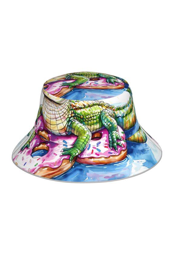 Alligator Donut Pool Float Print Reflective Bucket Hat,Outdoor Hat for Men and Women,Bucket Hat for Travel Fishing Hunting Summer Camp