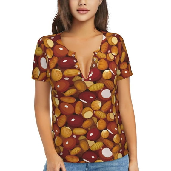 Fuzoiu Almond Nuts Print Women's V-Neck T-Shirt,Women's Short Sleeve Top, Comfortable for Work, Leisure, and Sports