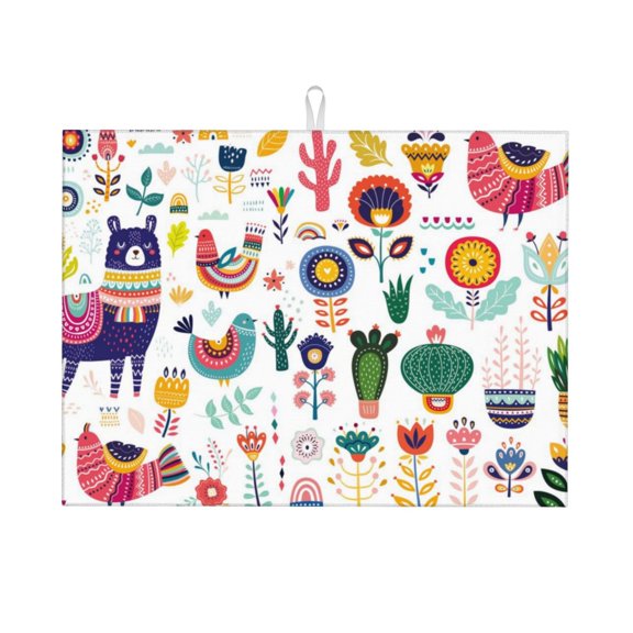 Fuzoiu Alpaca Flower Print Absorbent, Reversible Microfiber Dish Drying Mat for Kitchen, Dish Drying Pad for Dishes, Utensils, Pots and Pans, Extra Large 18 Inch x 24 Inch