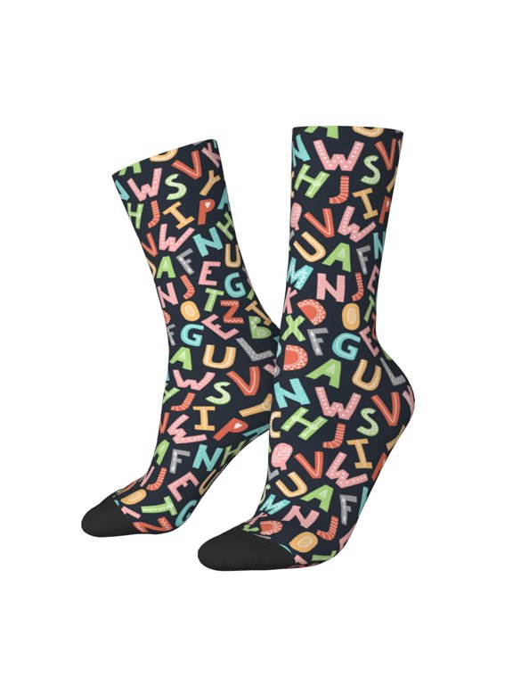 Alphabet Print Athletic Crew Socks for Men & Women,Casual Crew Socks,Above Ankle Crew Socks for Business, Casual
