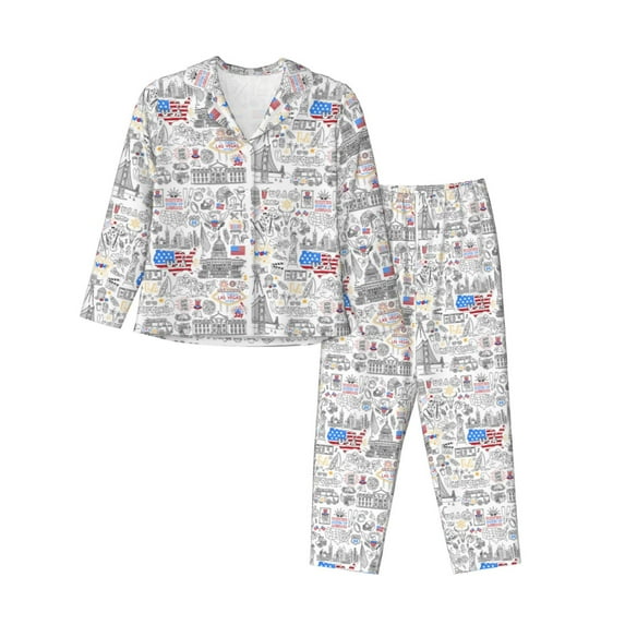 Fuzoiu America Landmarks2 Print Women's Long-Sleeved Pajama,Lounge Button Down Nightwear,Womens Notch Collar Pajama Set-Medium