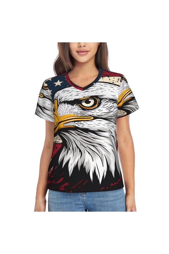 American Bald Eagle Print Women's Classic V-Neck T-Shirt, Short Sleeve V Neck Tees for Casual Everyday Wear,Casual Fit Tee,Summer Fashion Tops-3X-Large