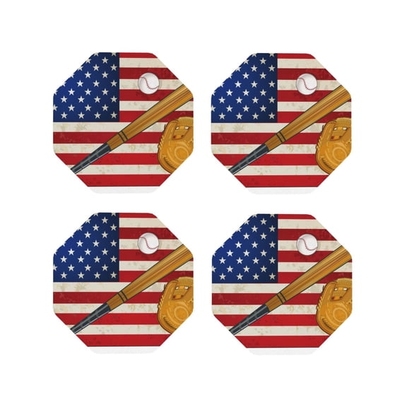 Fuzoiu American Flag And Baseball Print Leather Coasters Set,Drink Coasters Set of 4,for Tabletop Protection, Durable PVC Coasters,Home Décor and Housewarming Gift-Octagon