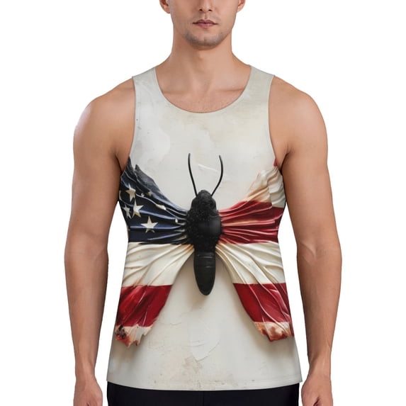 Fuzoiu American Flag Butterfly Wall Print Men's Workout Tank Tops,Sleeveless Gym Shirt Quick Dry,Fitness Bodybuilding T-Shirt,Muscle Athletic Workout Tee-Small