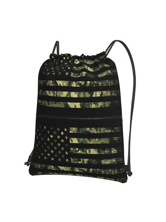 American Flag Camo Print Drawstring Backpack Water Resistant String Bag Sports Sackpack Gym Sack for Men Women