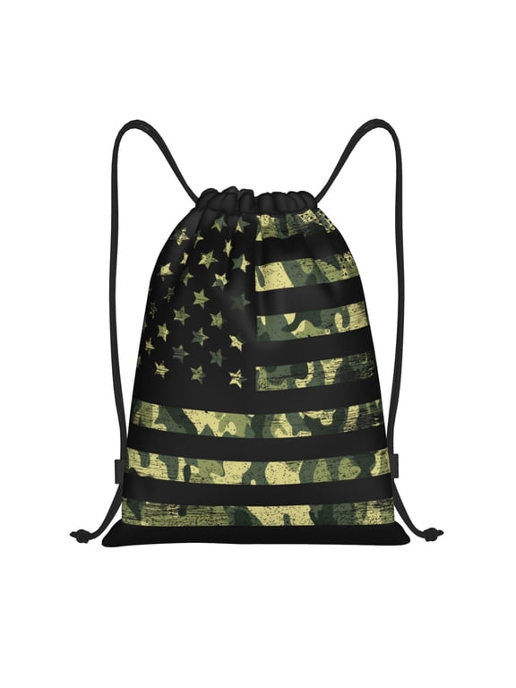 American Flag Camo Print Drawstring Backpack for Gym, Travel, Yoga,Sports Sackpack String Bag for Women Men-Small