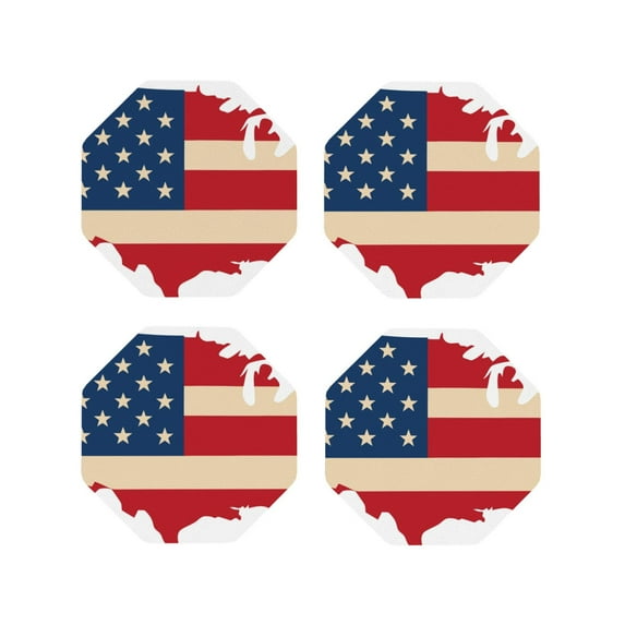 Fuzoiu American Flag Map Print Leather Coasters Set,Drink Coasters Set of 4,for Tabletop Protection, Durable PVC Coasters,Home Décor and Housewarming Gift-Octagon