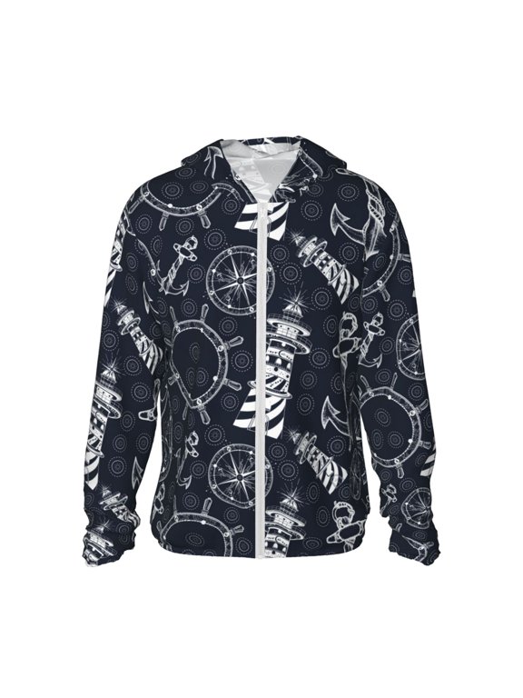 Anchor and Lighthouse Print Unisex Sun Protection Hoodie,UPF 50+ Light Jacket,Full Zip Sun Protection Hoodie,Long Sleeve Sun Shirts,for Outdoor Activities-Large