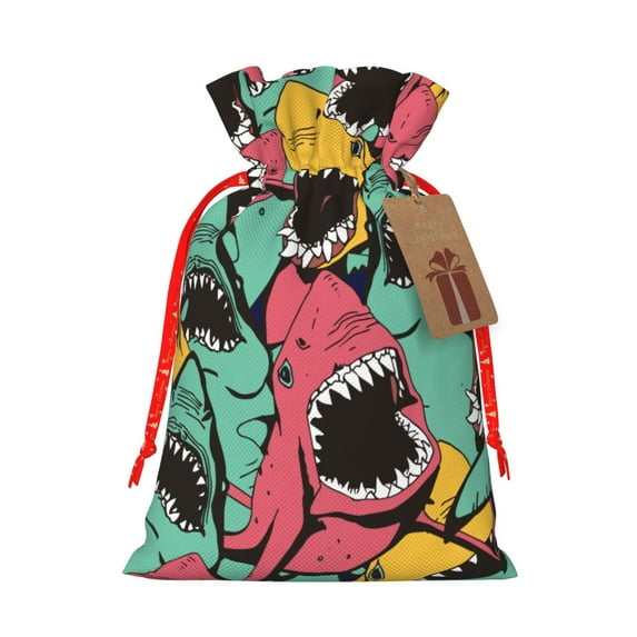Fuzoiu Angry Shark Pattern Print Christmas Gift Bag,Burlap Gift Bag with Drawstring Closure & Hang Tag,Perfect for Holidays, Birthdays, and Special Occasions-Small