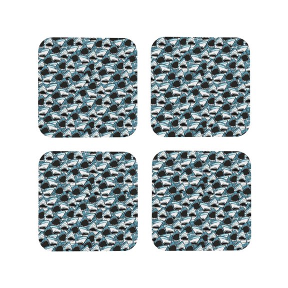 Fuzoiu Angry Shark Print Leather Coasters Set,Drink Coasters Set of 4,for Tabletop Protection, Durable PVC Coasters,Home Décor and Housewarming Gift-Square