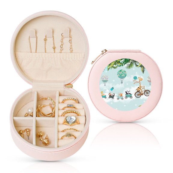 Fuzoiu Animals Riding Across The Sky Print Portable Jewelry Box,Round Mini Leather Travel Jewelry Case,Small Travel Jewelry Organizer,Jewelry Holder for Ring Necklace Earring for Women Girls-Pink