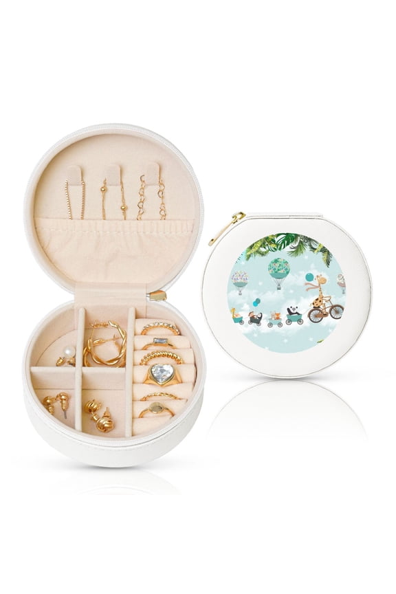 Animals Riding Across The Sky Print Portable Jewelry Box,Round Mini Leather Travel Jewelry Case,Small Travel Jewelry Organizer,Jewelry Holder for Ring Necklace Earring for Women Girls-White